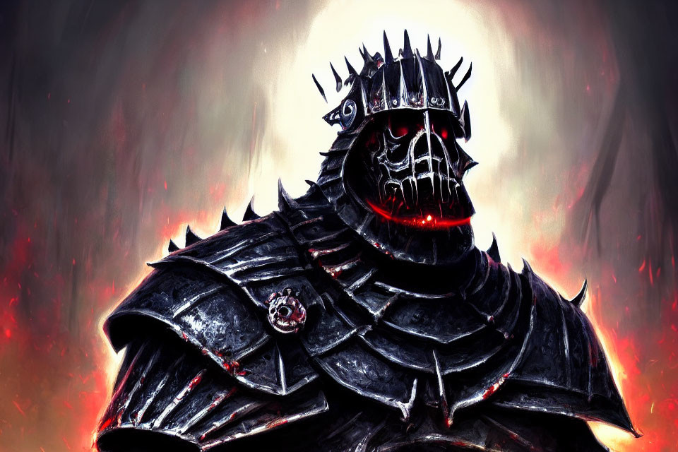 Menacing figure in spiked black armor with glowing red eyes on fiery backdrop