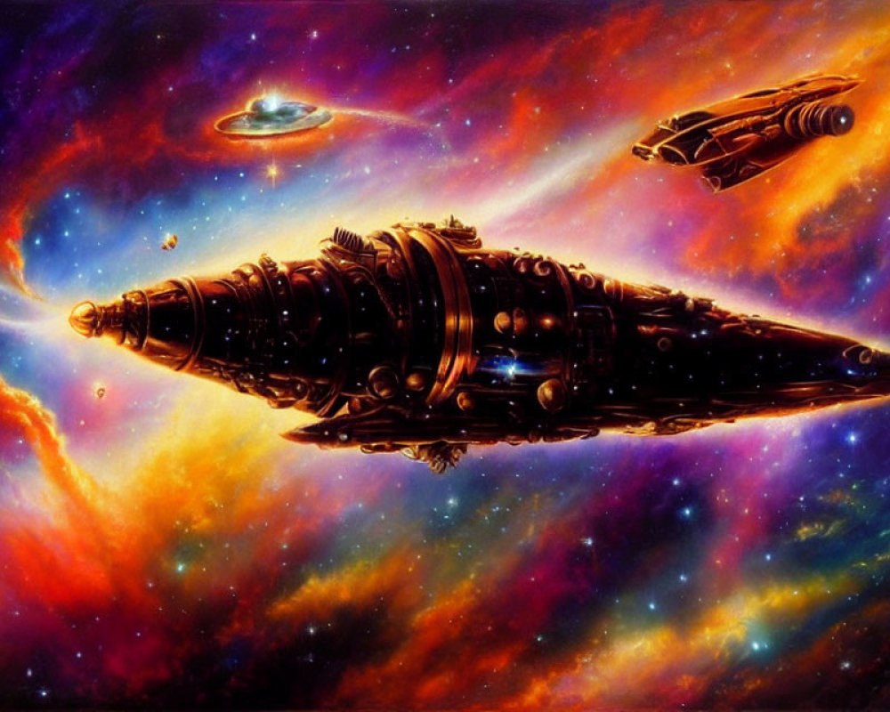 Colorful Nebulas and Spaceships in Detailed Space Scene