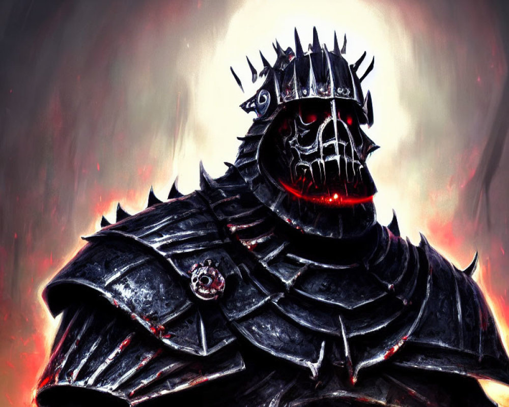 Menacing figure in spiked black armor with glowing red eyes on fiery backdrop