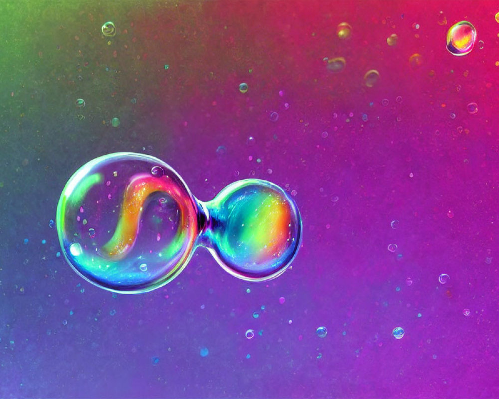 Iridescent soap bubbles on multicolored background with smaller bubbles