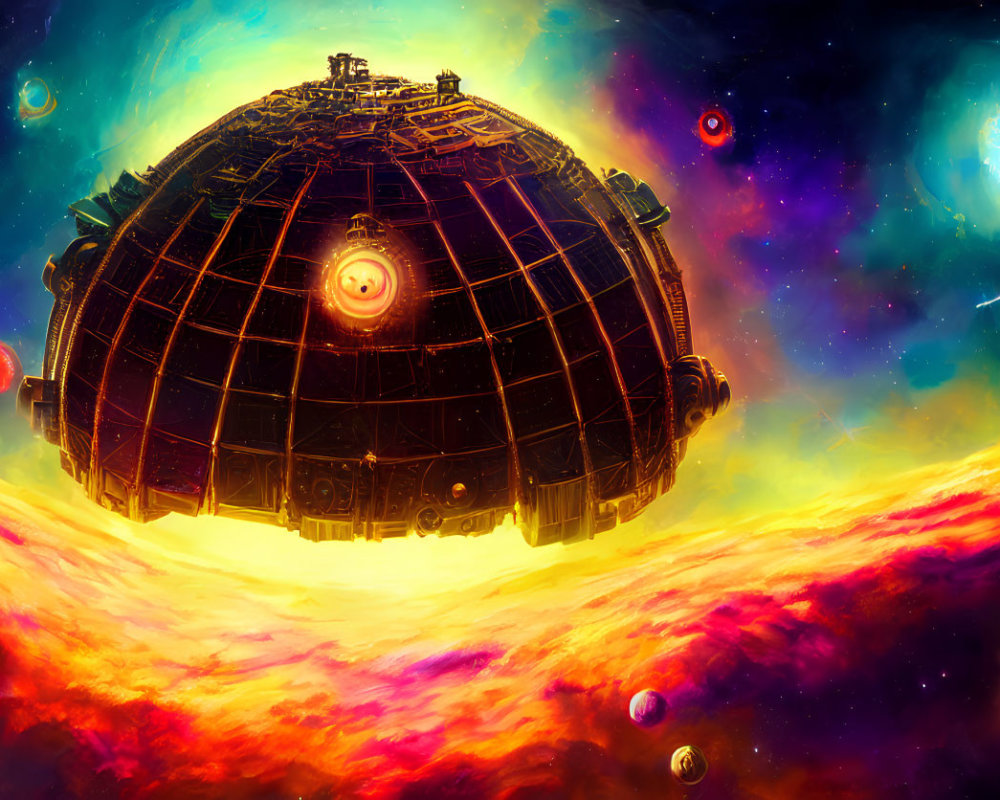 Intricate spherical spaceship above vibrant alien landscape