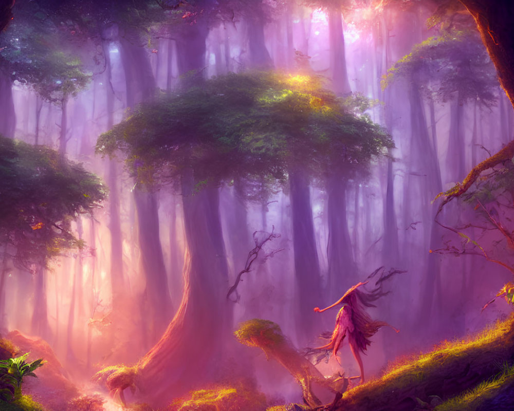 Enchanting forest scene with towering trees and mystical figure