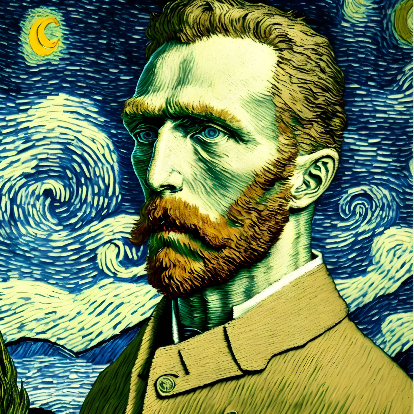 Pensive bearded man portrait in Van Gogh style