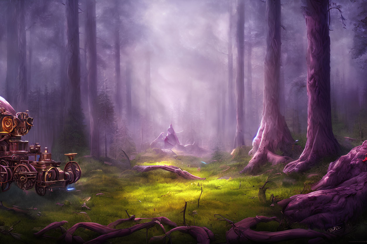 Mystical forest with tall trees, misty ambiance, green moss, steam-powered vehicle, and