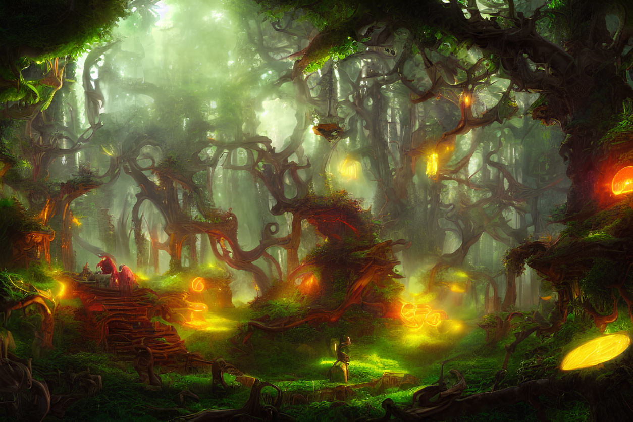 Ethereal forest with twisted trees and glowing lights