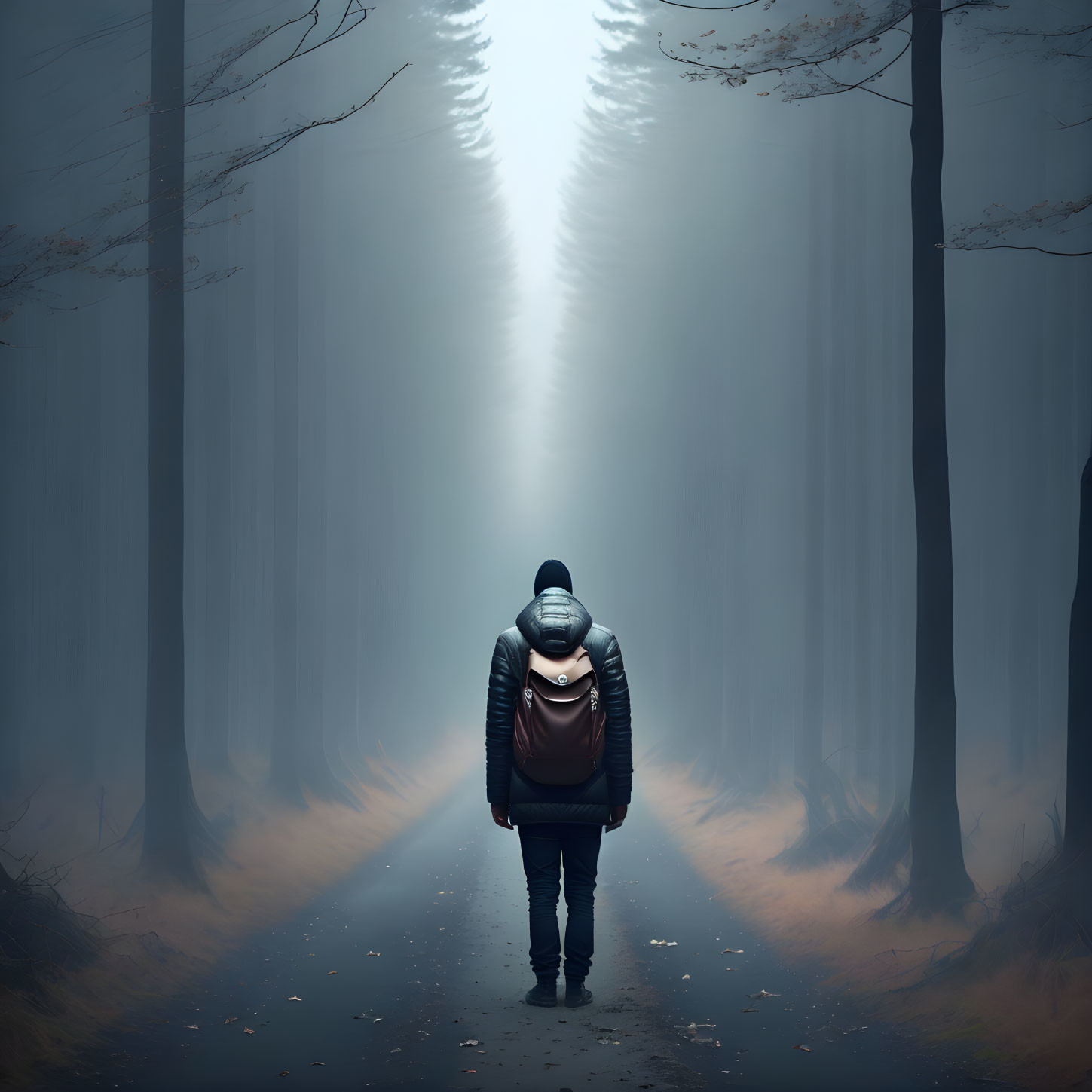 Solitary figure with backpack walking in foggy forest.