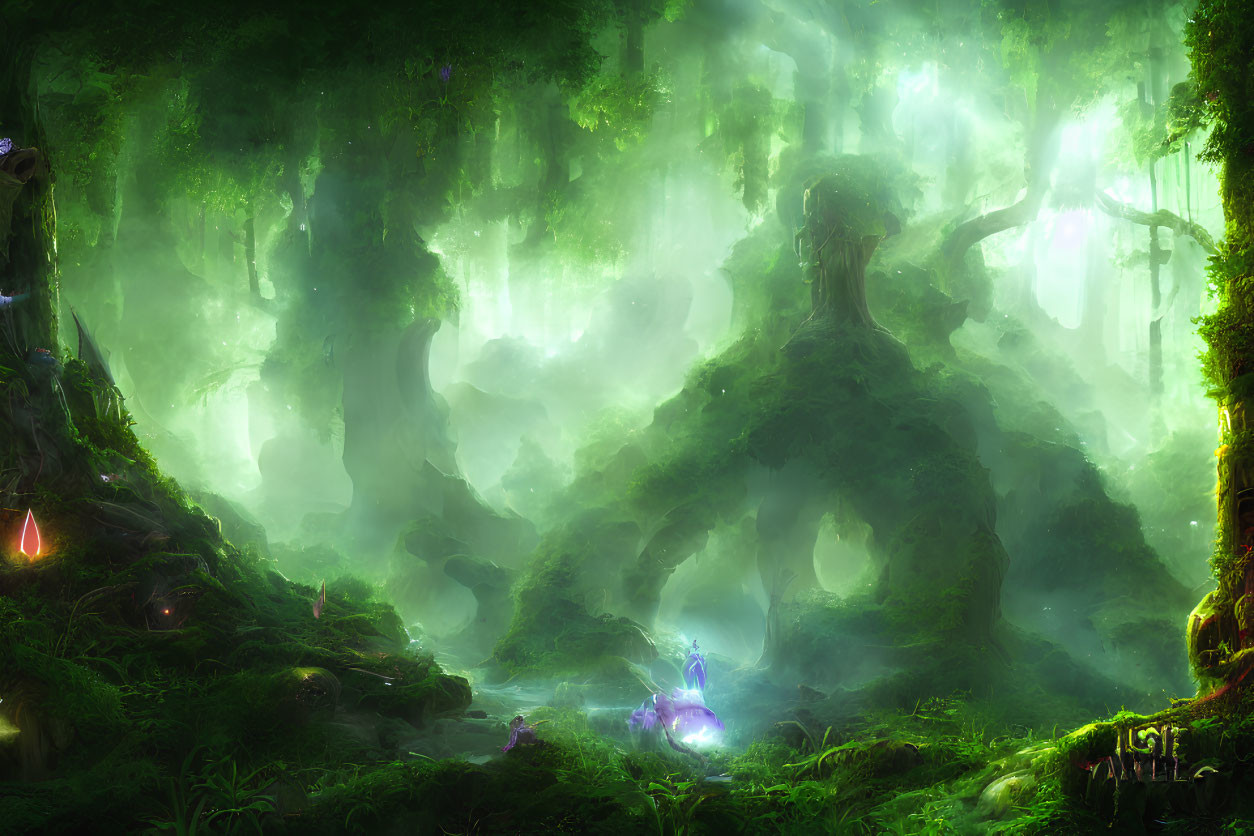 Enchanting forest scene with towering trees and meditating figure in serene ambiance