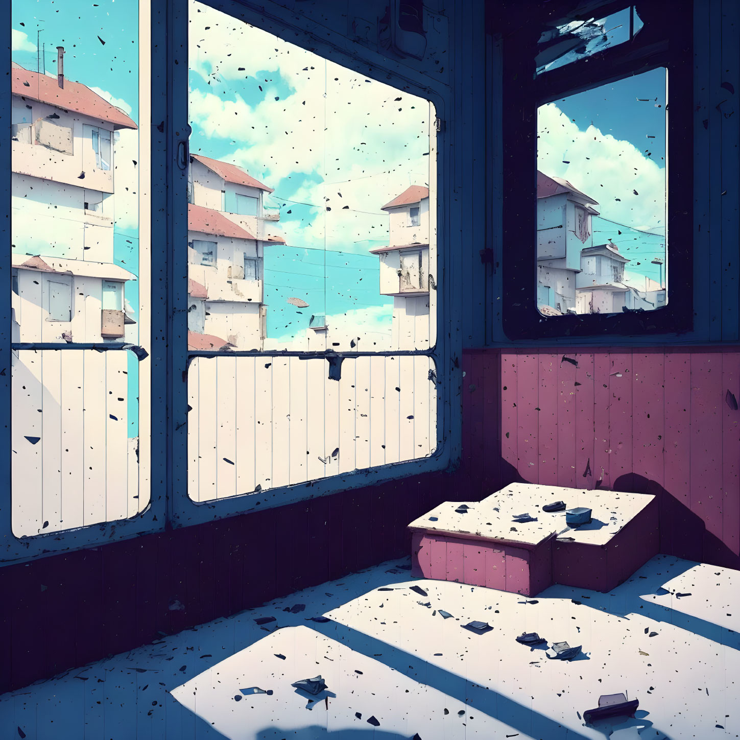 Dilapidated room with debris and broken window view.