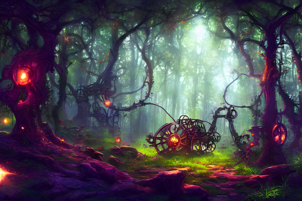 Enchanting forest with vibrant greenery and mysterious lights