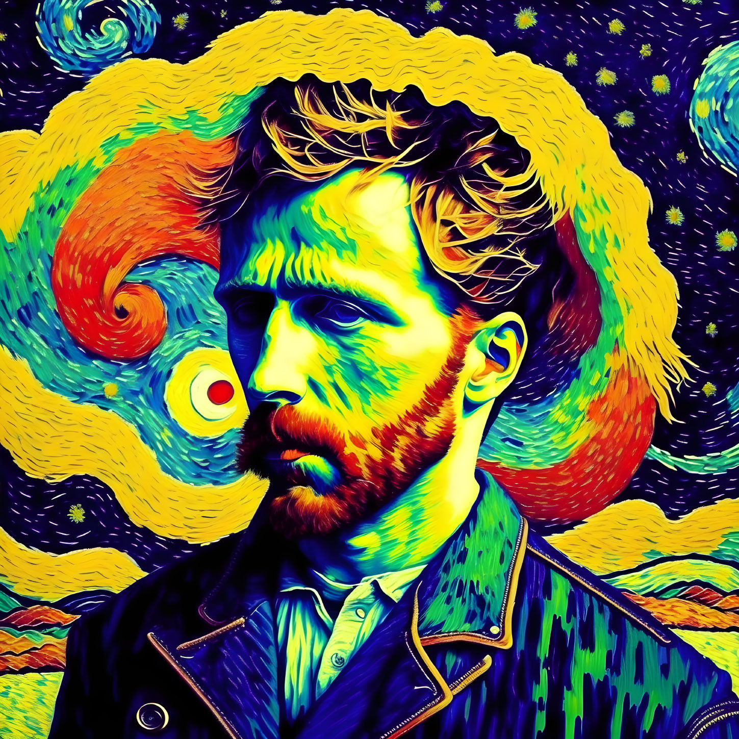 Colorful, stylized portrait with swirling patterns and stars in Van Gogh's art style