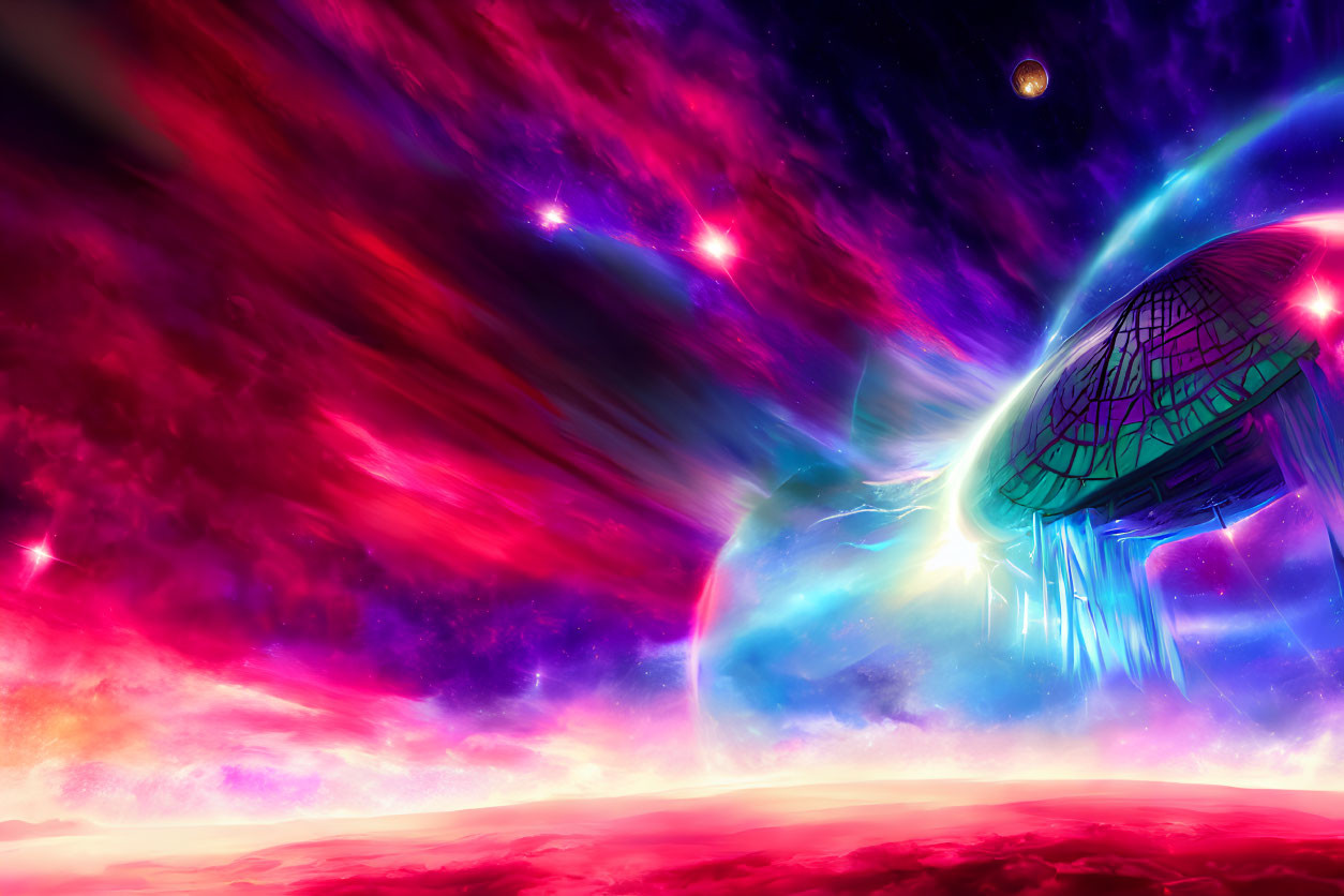 Colorful Nebula, Glowing Stars, Planet, and Futuristic Dome Structure in Cosmic Scene