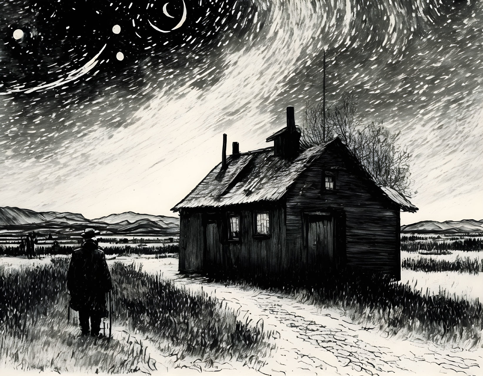 Person on snowy path to isolated house under star-filled sky