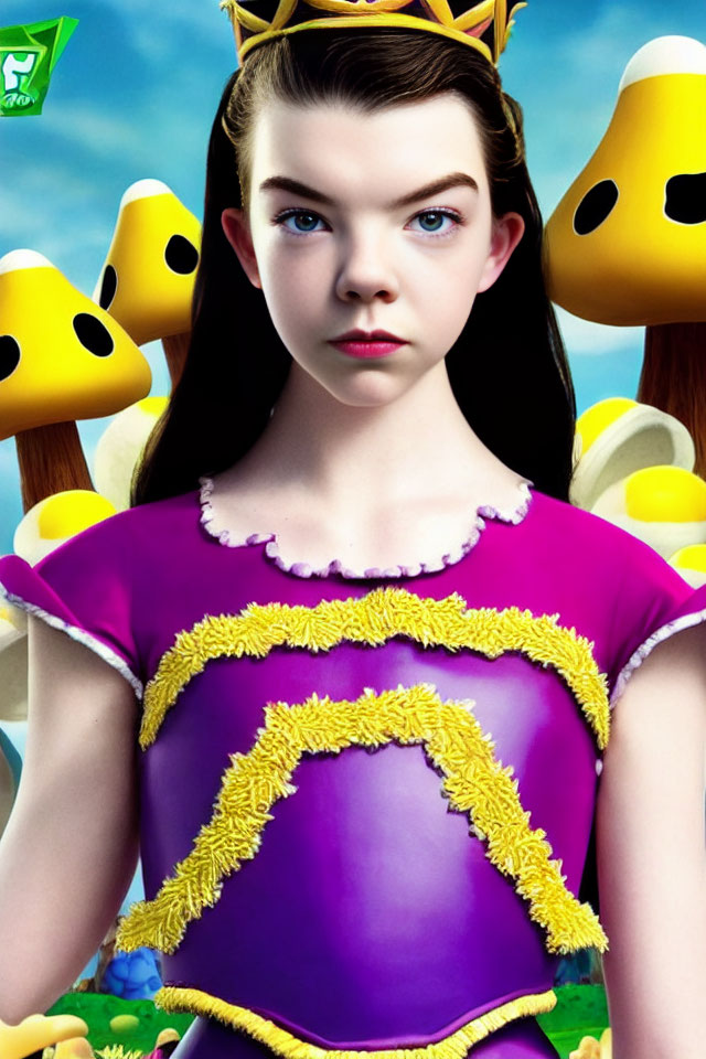 Young girl in princess costume with golden crown and purple dress against blue sky and cartoon mushrooms