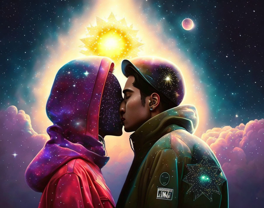 Cosmic-themed image of two people about to kiss