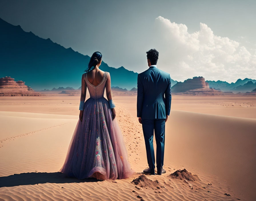 Formal Couple Holding Hands with Sand Dunes Background