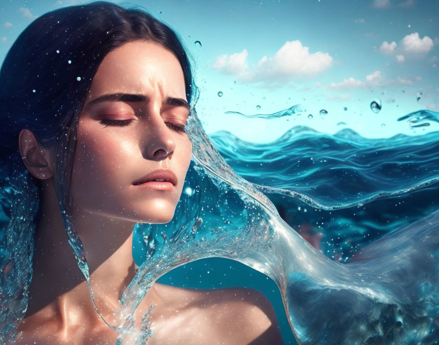 Woman emerging from water with droplets and sunlight in serene setting