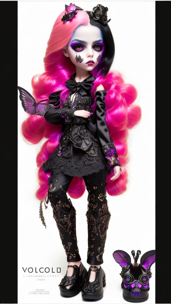 Stylized doll with pink hair, Gothic makeup, black outfit, and purple butterfly accessory