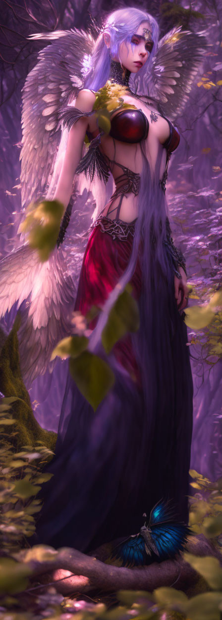 Fantastical female figure with white wings in red and black attire among purple foliage.