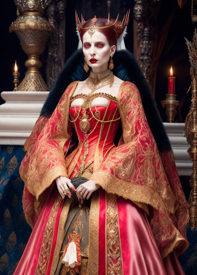 Regal woman in red and gold gown with crown by candlelight