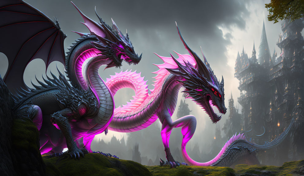 Majestic two-headed dragon with shimmering scales before dark castle