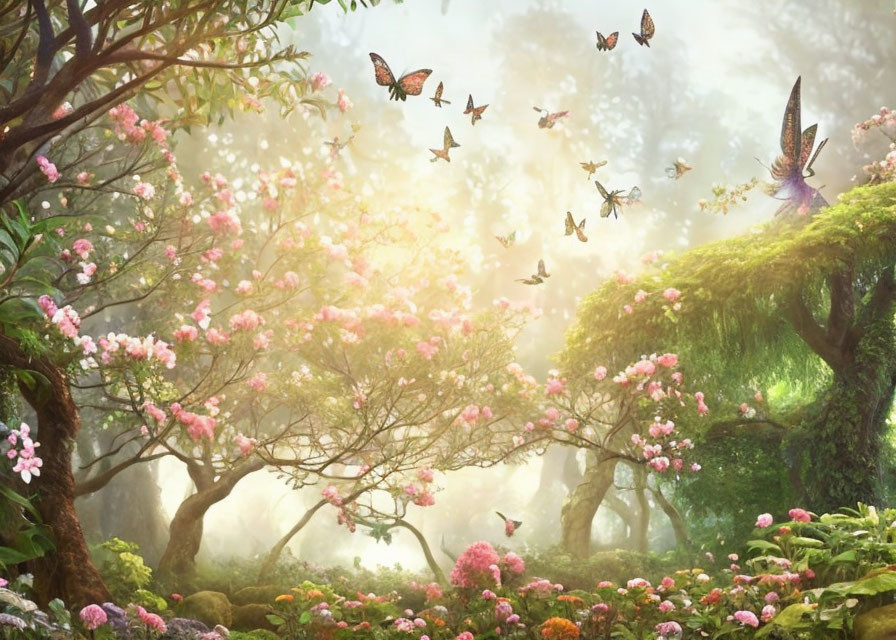 Enchanting forest glade with pink flowers, greenery, and fluttering butterflies