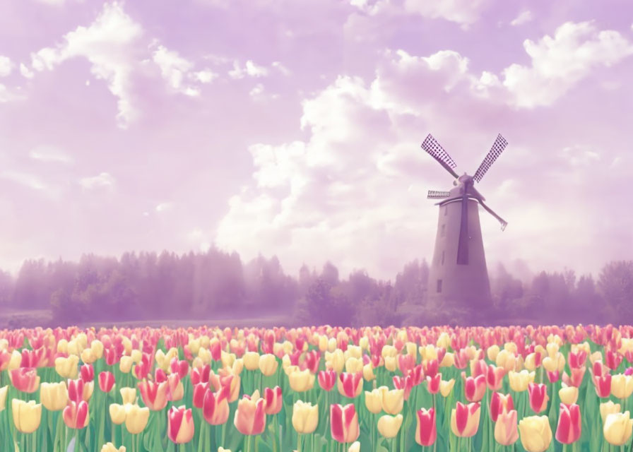 Traditional windmill in colorful tulip field under pastel sky