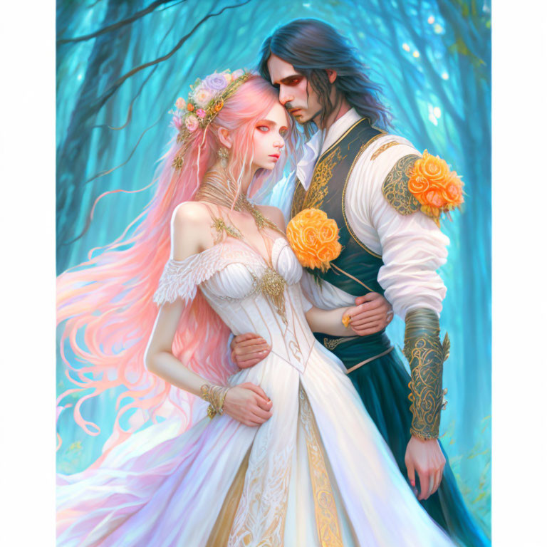 Fantasy-themed illustration of a couple in ornate attire in dreamy forest