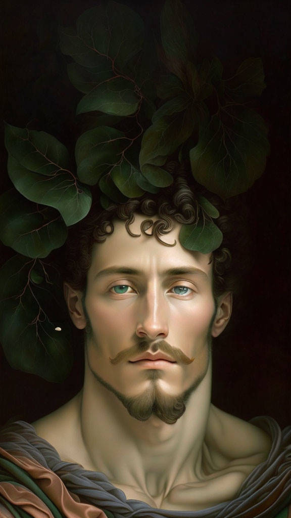 Man with Curly Hair and Mustache Portrait with Leaves in Hair on Dark Background