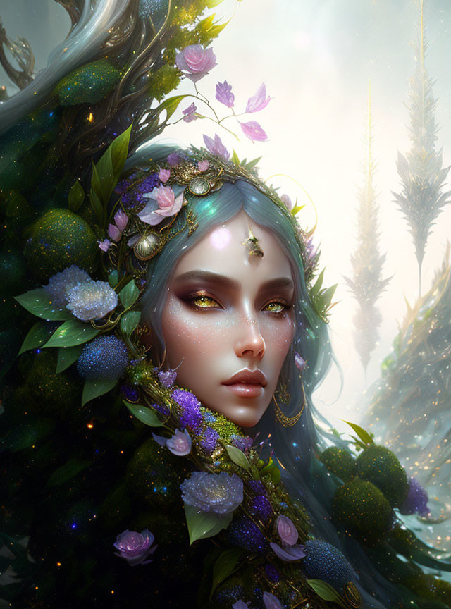 Fantastical female figure with blue hair and glowing eyes in nature-inspired attire.