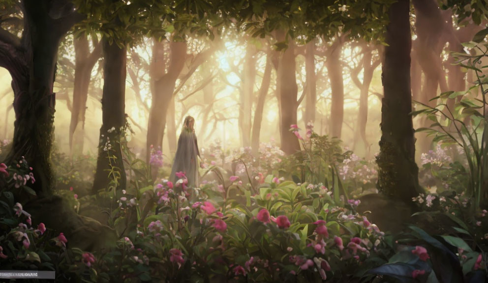 Person in Enchanted Forest with Pink Flowers