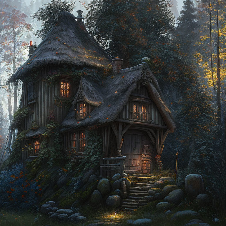 Thatched roof cottage in serene forest at dusk