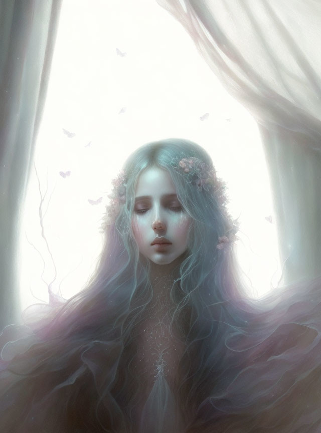 Surreal portrait of woman with flowing hair, flowers, butterflies