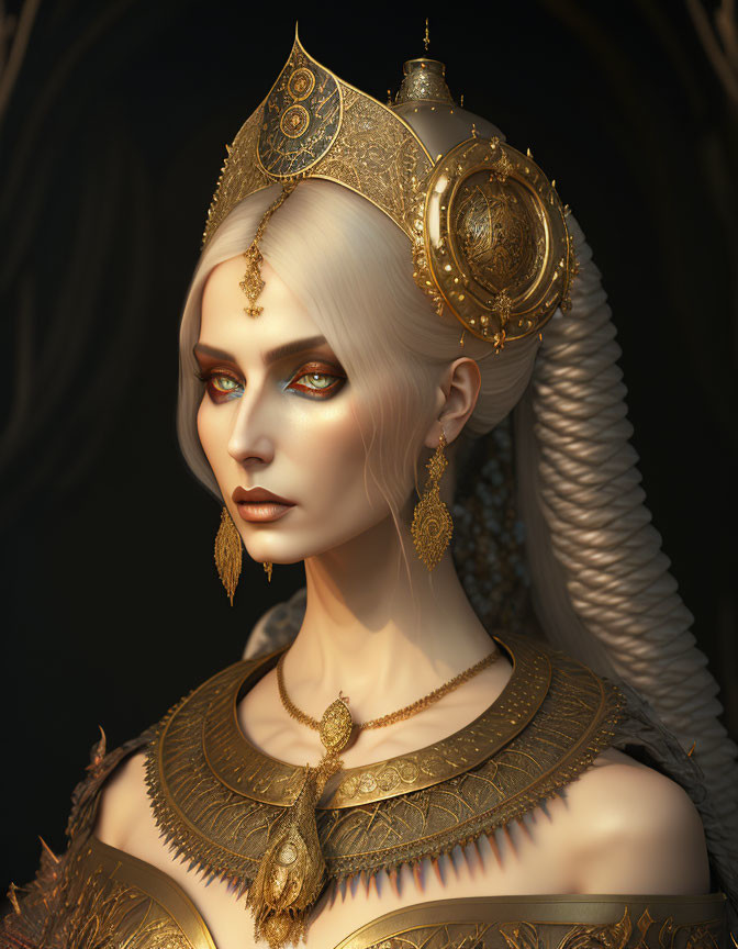 Pale-skinned woman with white hair, golden crown, and red eyes.