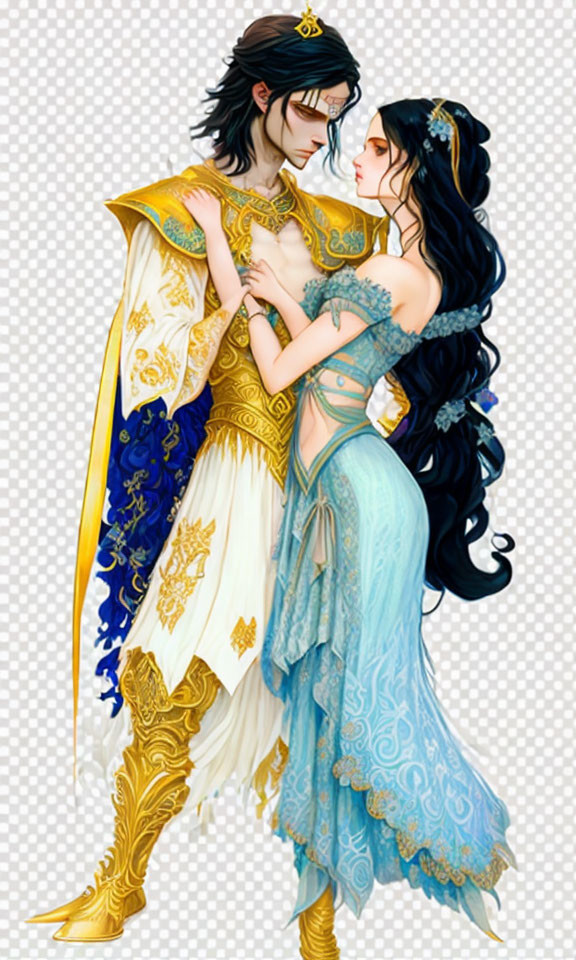 Fantasy-themed royal couple in blue and gold attire gaze intimately