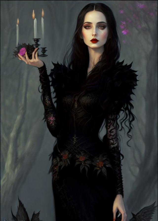 Gothic woman in black dress with candelabra in misty forest