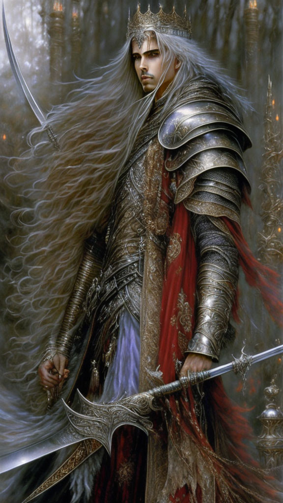 Regal warrior with long silver hair in ornate armor amidst misty forest