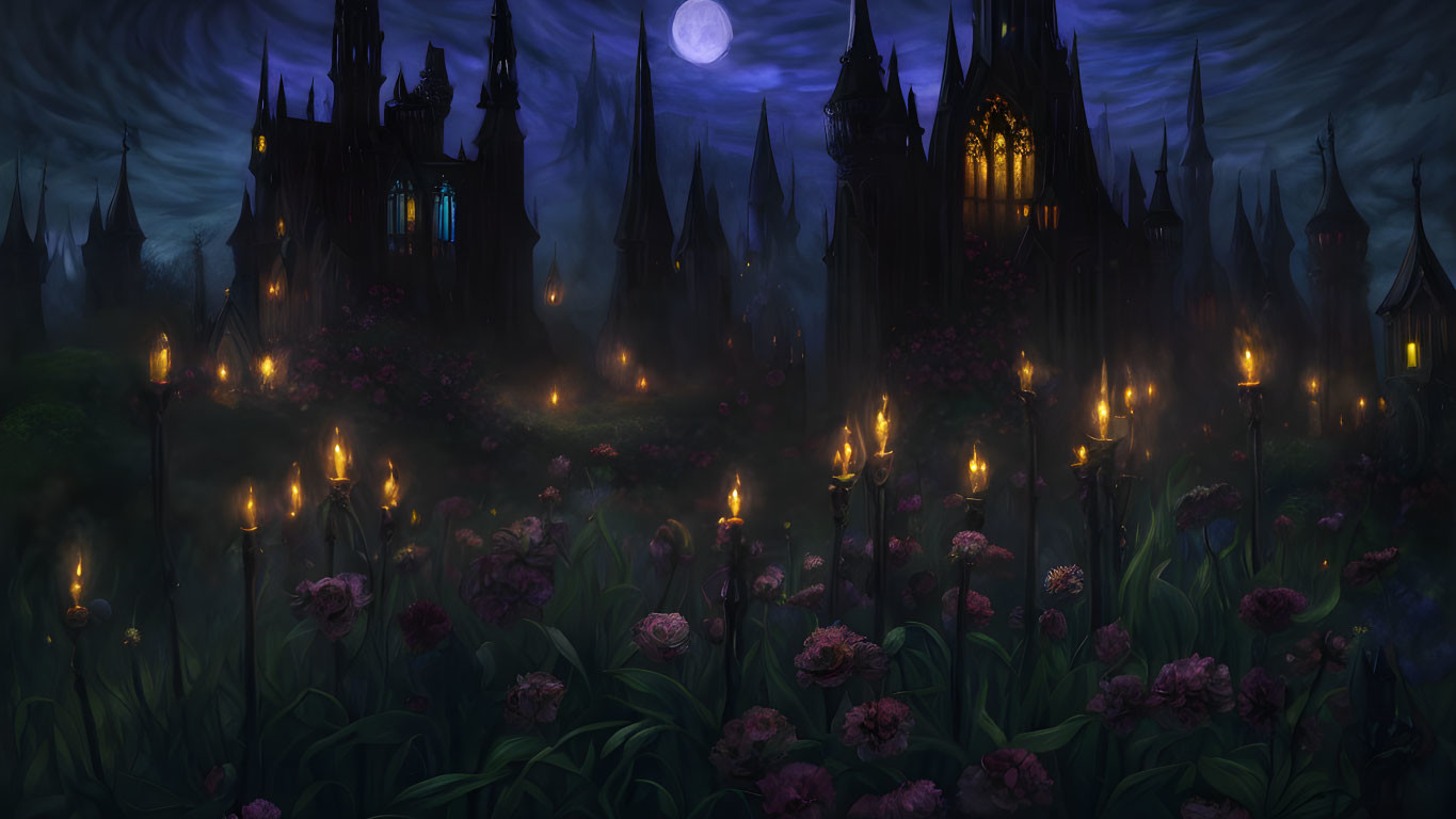 Moonlit Gothic Scene: Dark Castle, Mist, Torches, Purple Flowers, Cloudy Sky