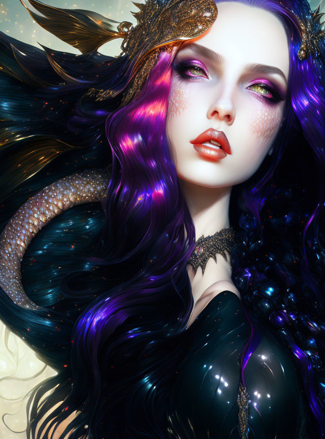 Fantasy female illustration with purple and black hair, gold hair accessories, and dark choker