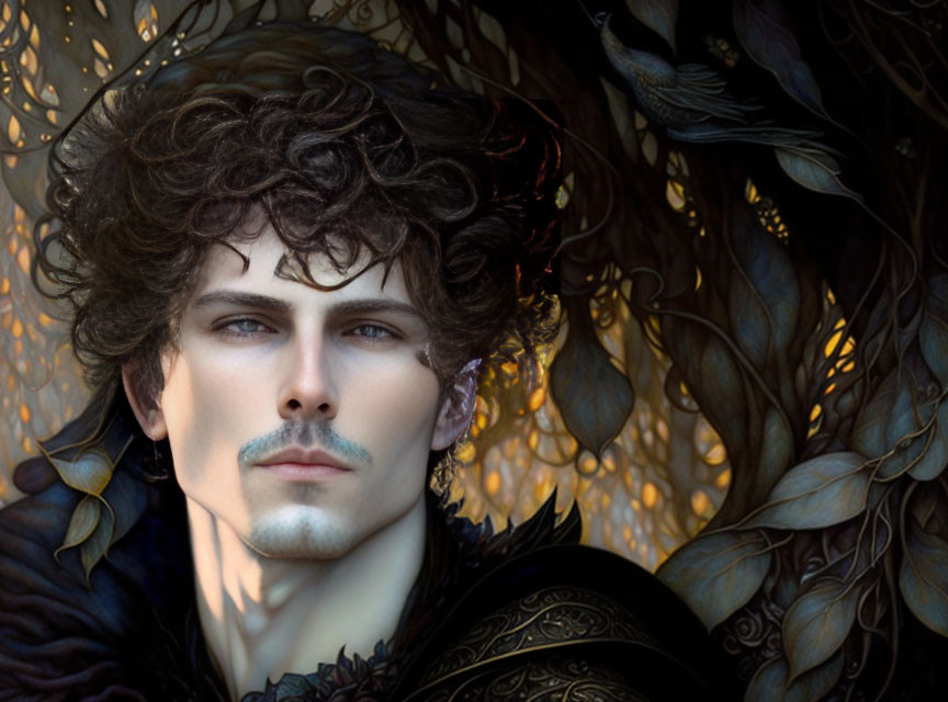 Man with Blue Eyes and Curly Hair in Ornate Golden Surroundings