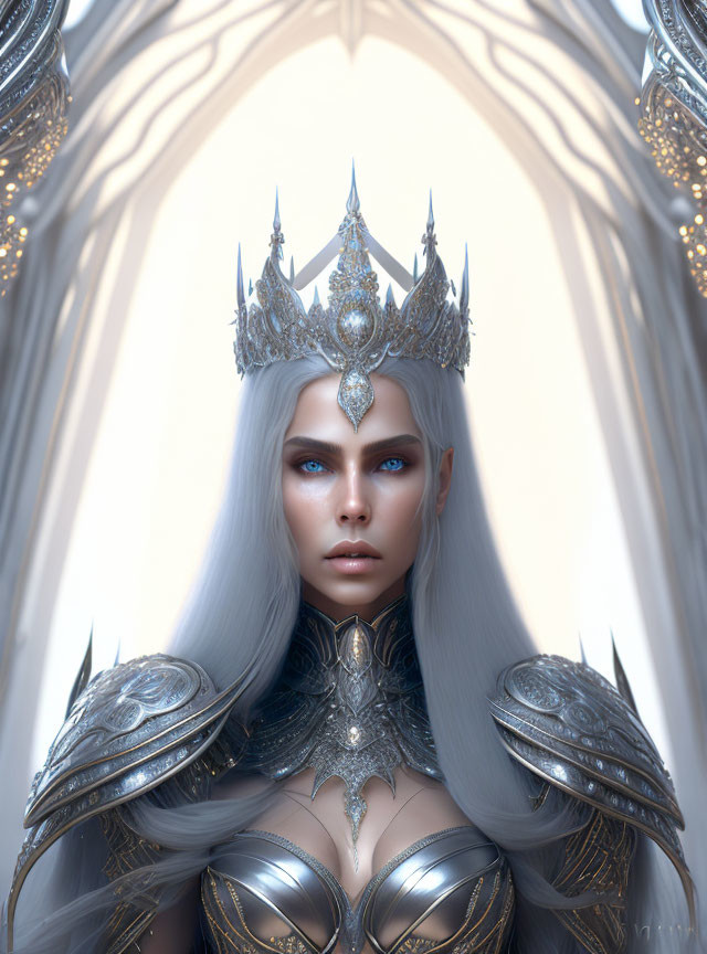 White-haired woman in silver crown and armor against ornate backdrop