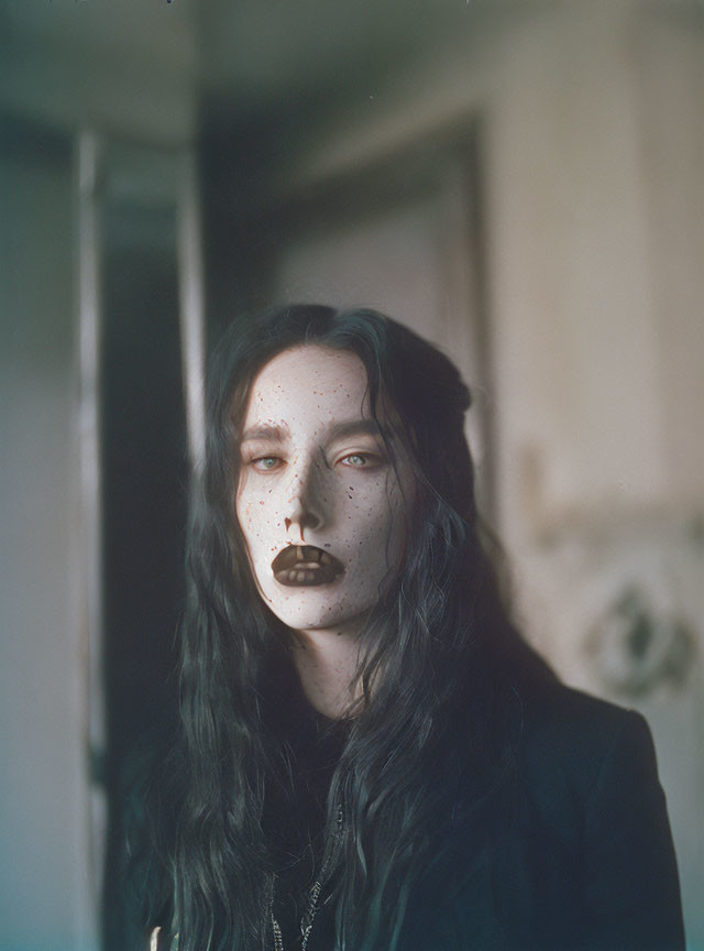 Person with Long Dark Hair and Freckles in Room with Striking Makeup and Piercing Gaze