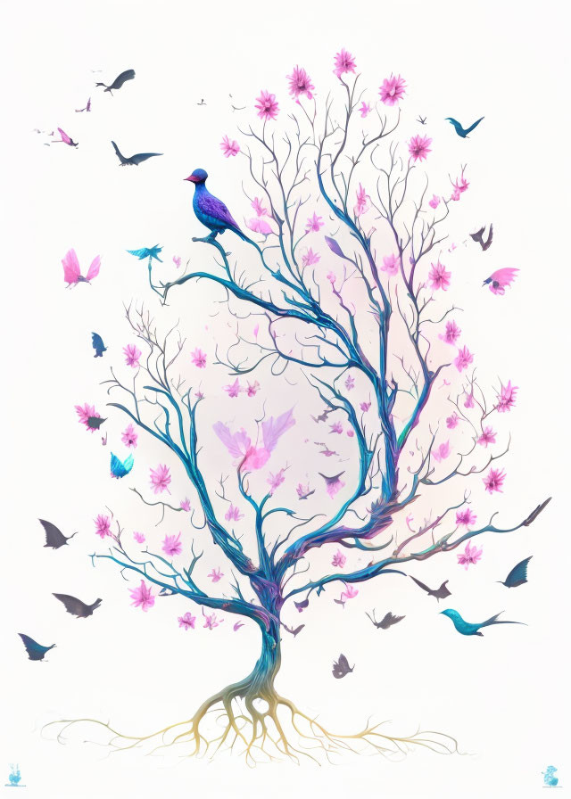 Vibrant tree with pink blossoms and birds in flight on pale background