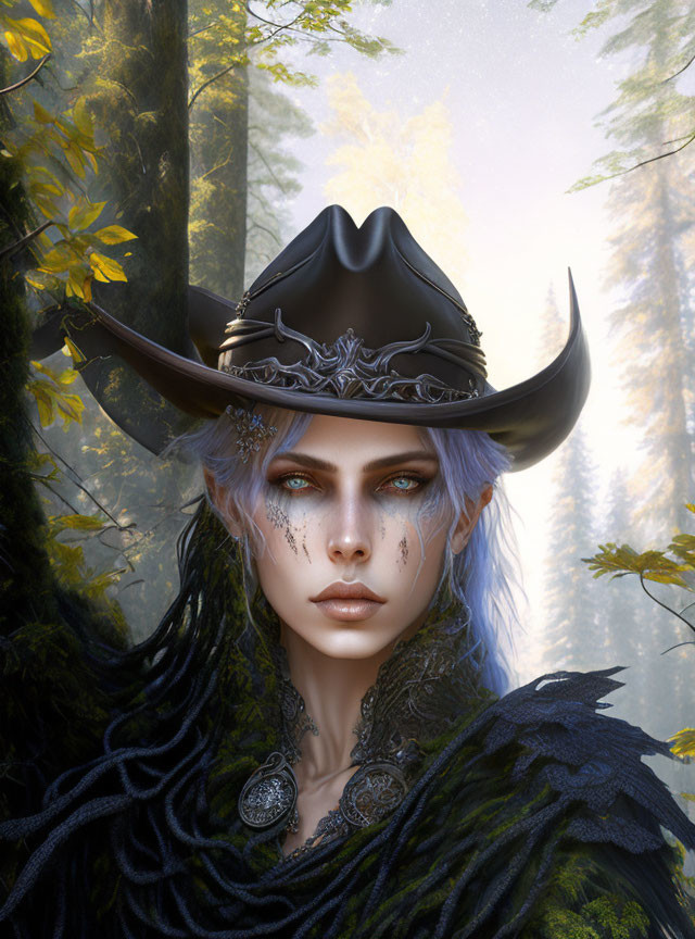 Fantasy portrait of a person with blue hair and striking eyes in a black cowboy hat against an eth