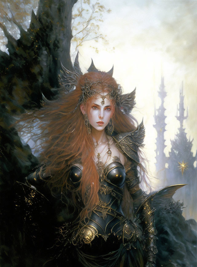 Ethereal fantasy figure with red hair in golden armor and misty castle backdrop