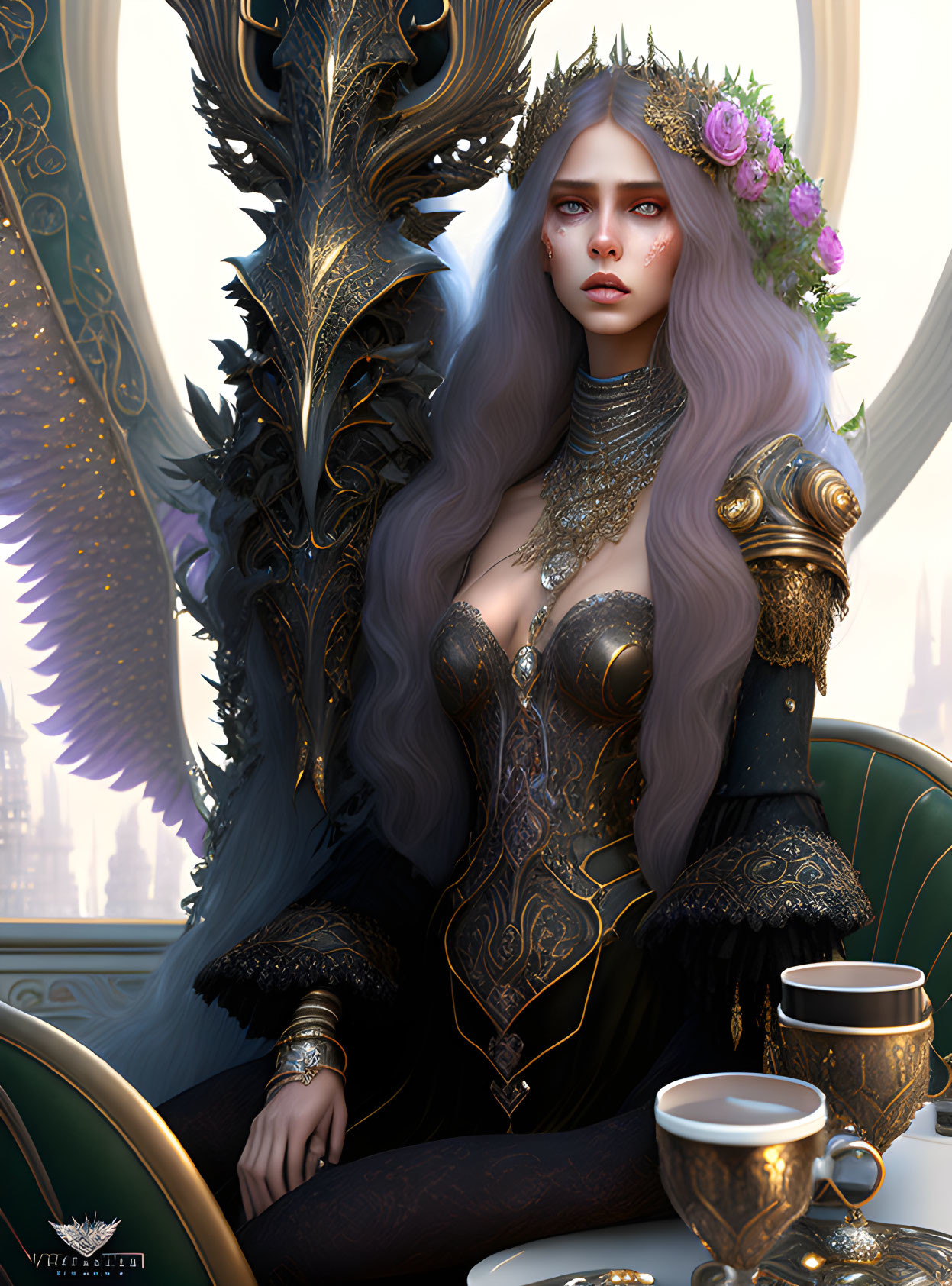 Silver-haired fantasy figure in black and gold armor with flower crown in regal setting