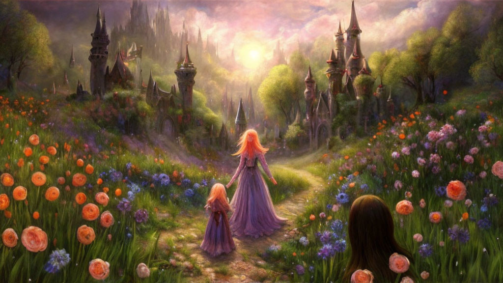 Fantasy sunset landscape with characters and castles in vibrant setting