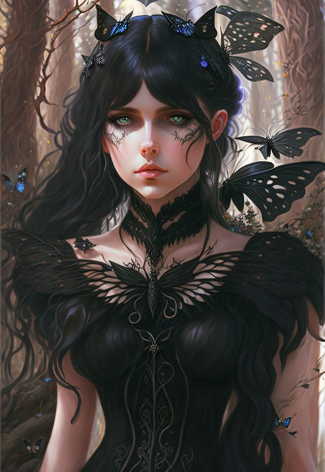 Fantasy Illustration of Woman with Black Hair and Butterfly Motifs