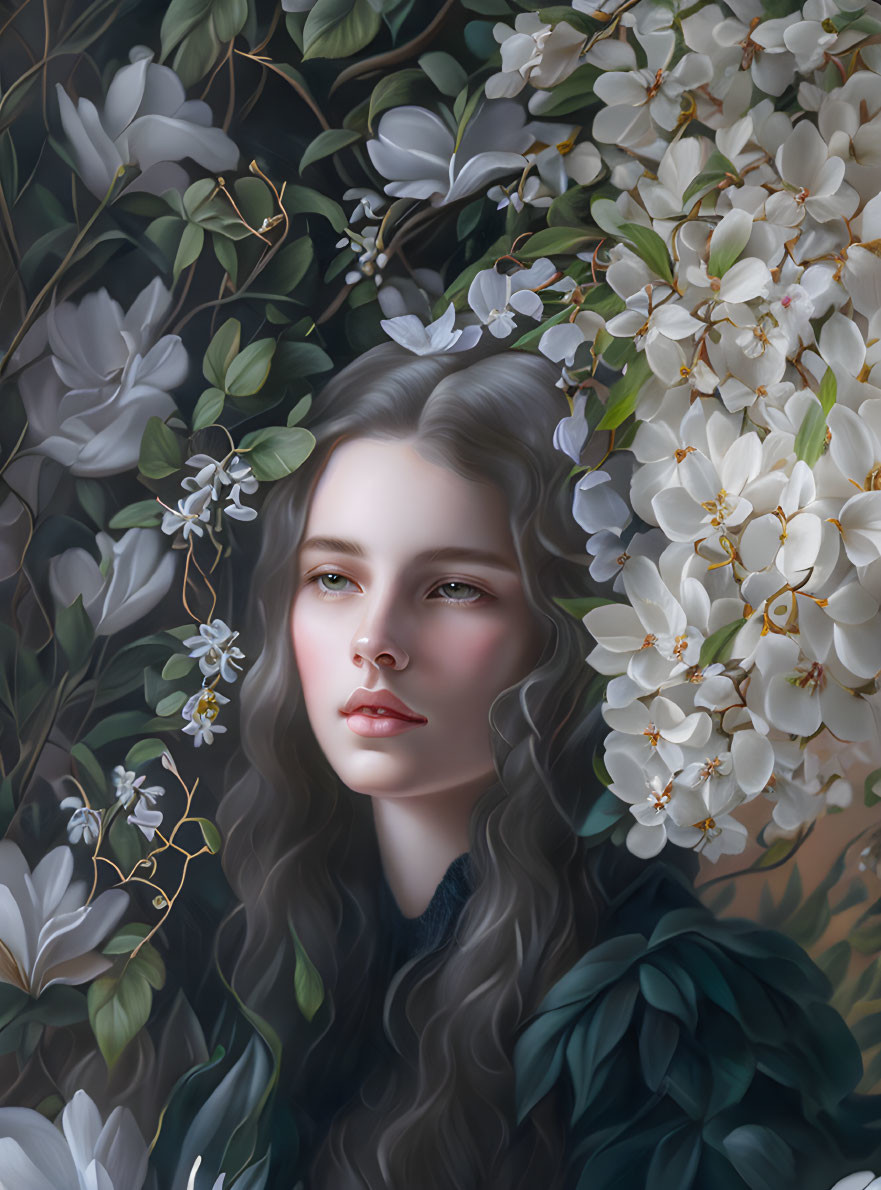 Surreal portrait of woman with long wavy hair among white flowers