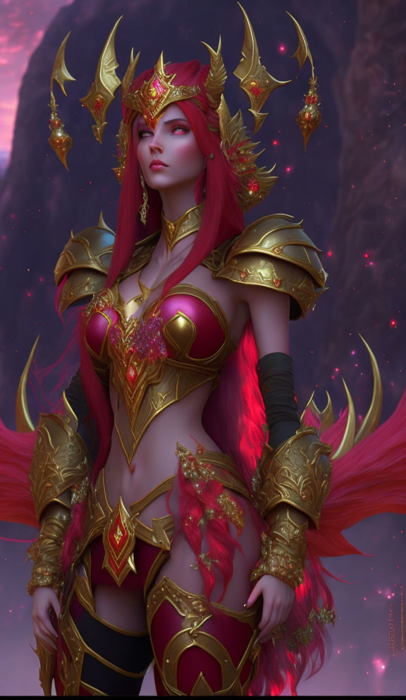 Female warrior fantasy illustration in ornate golden armor with red gem accents and crown against mystical backdrop.