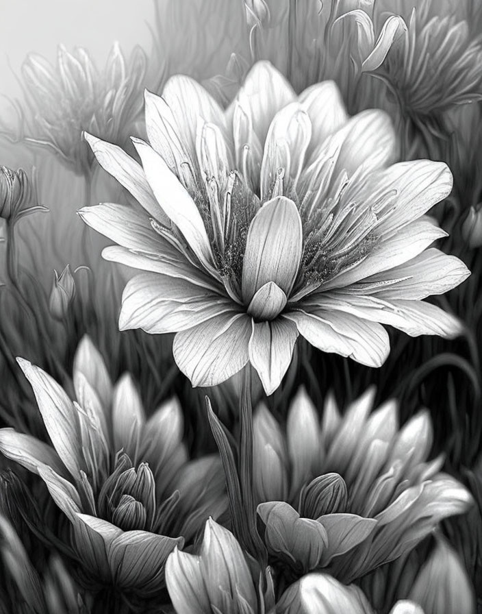 Detailed Black and White Close-Up of Layered Petal Flower